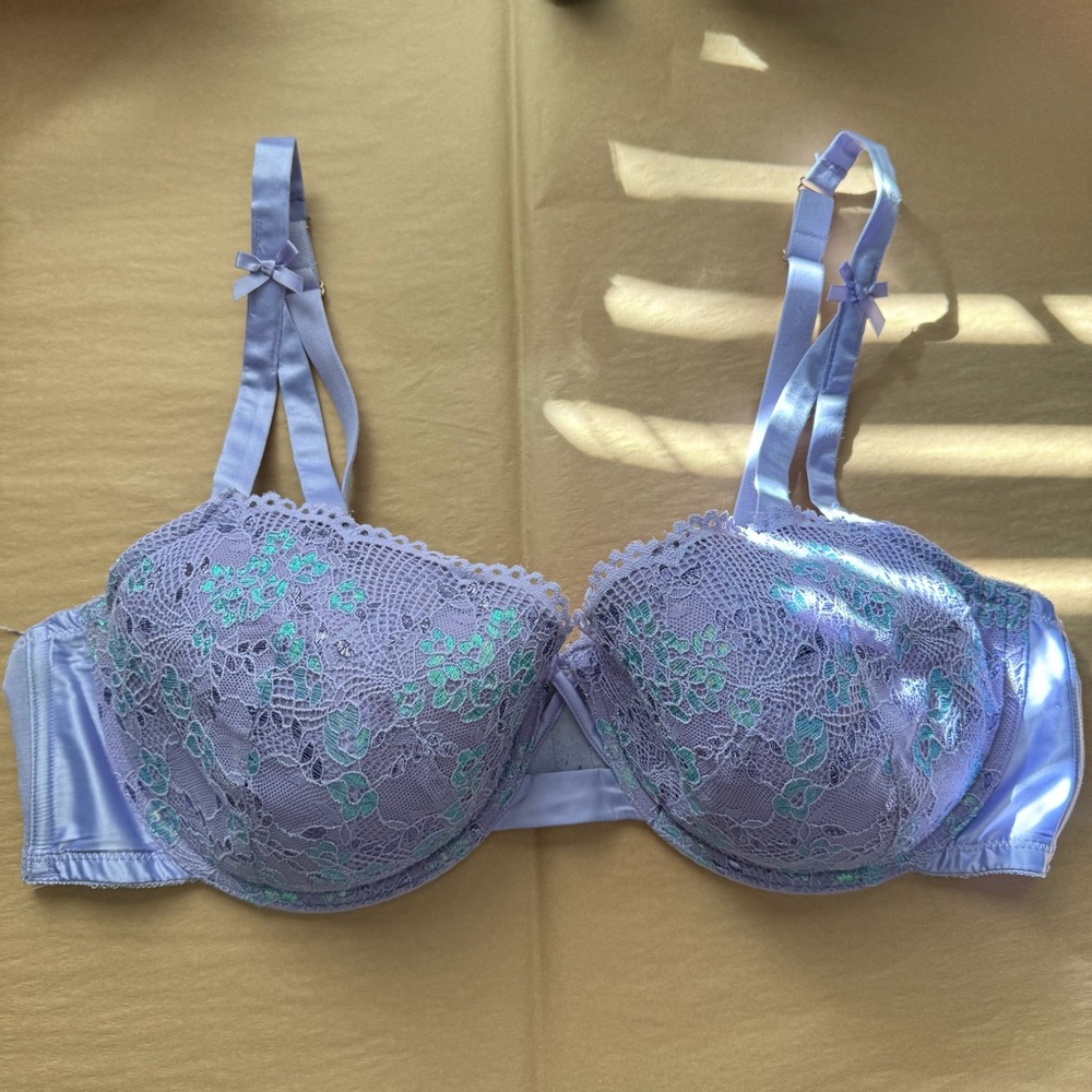 Savage x Fenty Pastel Lavender Purple Sparkly Floral Lace Bra & Garter Belt Set - Picture 3 of 8